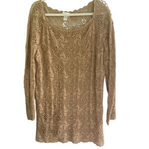 Together Tan Crochet Knit Sweater Top XL Ramie Cotton Long Sleeve Boho Resortwea